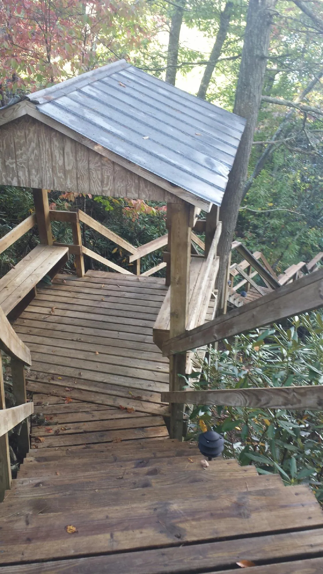 Metal roofed shelter over wooden steps on a wooded walkway — Skylight Repair & Installation work by our crew in Huntertown